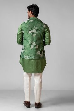 Sage green plain kurta with pintuck detailing. Paired with a floral printed Nehru Jacket with hand embroidered chid and tikki work and plain white pant. - Aza Fashions Transitional Designer Nehru Jacket In Pista Green, Festive Pista Green Nehru Jacket, Fitted Green Nehru Jacket With Floral Embroidery, Pista Green Festive Nehru Jacket, Festival Green Nehru Jacket With Dabka Detail, Nehru Jackets, Pin Tucks, White Pants, Pants Pattern