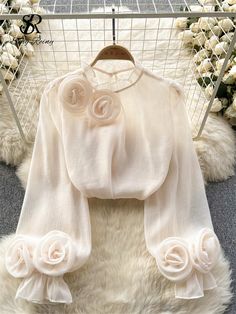 SINGREINY Ruffles Sweet Sheer Blouse O Neck Long Sleeves 3D Floral Loose Top Korean Style Streetwear Romantic Essence, Rose Details, Plus Size Cosplay, Statement Blouse, Top Korean, Blooming Garden, Ruffled Neckline, Fabric Roses, Short Lace Dress