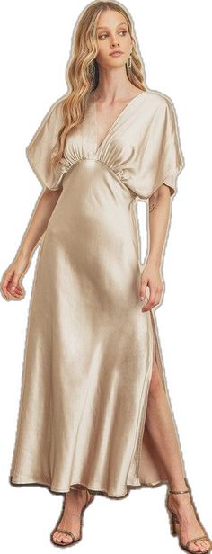 Chic Beige Maxi Dress With Side Slits, Chic Cream Bias Cut Maxi Dress, Satin V-neck Maxi Dress With Side Slits, Satin Maxi Dress With Side Slits And V-neck, Beige Maxi Dress With Side Slits, Elegant Beige Dress With Kimono Sleeves, Elegant Dresses With Side Slits For Brunch, Chic Wedding Midi Dress With Side Slits, Chic Long Satin Maxi Dress