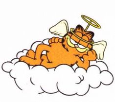 garfield the cat is sitting on top of a cloud with an angel above his head