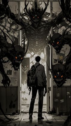 a man with a backpack standing in front of an entrance to a demonic looking building