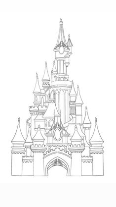 a drawing of a castle with turrets on it's sides and a clock at the top