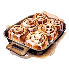 a pan filled with cinnamon rolls covered in icing