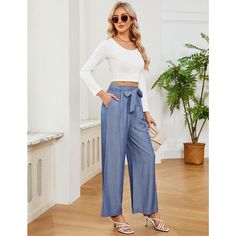 These wide leg pants for women are made from premium, quality fabric for comfort and durability, suitable for extended wear. Featuring a high-waisted design with a wide leg and adjustable tie knot detail, the pants exude sophistication and versatility. Ideal for business meetings, office attire, casual outings, or social events, they offer a polished and professional appearance without compromising on style. Styling tips include pairing them with a tucked-in blouse and heels for a chic office lo Blue Casual Wide-leg Dress Pants, Casual Blue High-waisted Wide Leg Pants, Blue Non-stretch Casual Wide Leg Pants, Light Blue Cotton Wide-leg Pants, Tie Knot Dress, Blue Wide-leg Pants With Elastic Waistband, Wide Leg Linen Trousers, Professional Appearance, Business Work