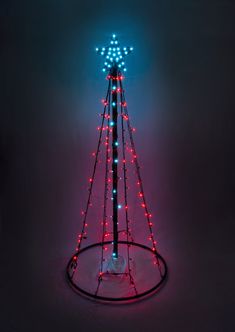 an upside down christmas tree with red and blue lights in the shape of a cone