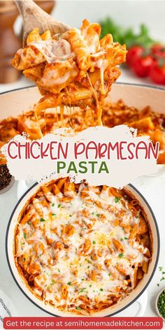 chicken parmesan pasta is being served in a pan