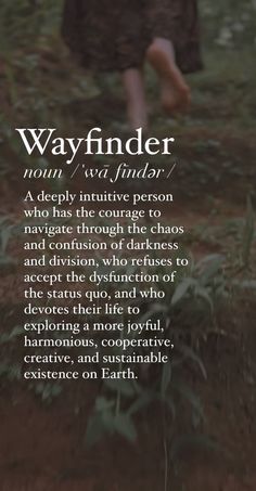 a woman walking through a field with the words wayfinderr on it