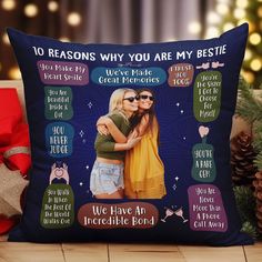 two women hugging each other on a pillow with the words we have an incredible bond