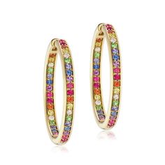 Rainbow sapphire hoops earrings 14k 18k gold, Natural multi sapphire rainbow ombre hoops, Rainbow hoops earrings gold, -------------------------------------------------------------------------------------------------------------------------------------------------------------------------------------------- PRODUCT FEATURE : ITEM : HOOP EARRING  METAL : 925 STERLING SILVER PLATING : ROSE GOLD / GOLD / SILVER / WHITE / YELLOW GEMSTONE : RAINBOW SAPPHIRE CREATION : LAB CREATED SHAPE : ROUND COLOR : MULTI SIZE  : 2 MM SETTING TYPE : PRONG  FINISHING : SUPER FINE NOTE: I HAVE SEVEN DAYS RETURN POLICY ONCE THE PRODUCT IS BEEN DELIVERED. EXPRESS DELIVERY IS AVAILABLE ON THIS EARRING STUD. I ALSO PREPARE CUSTOM ORDERS AS PER CUSTOMER DESIRE. FEEL FREE TO CONTACT IF YOU WANT ANY CUSTOMIZE PRODUCT. Hoops Earrings Gold, Jane Taylor, Rainbow Ombre, Rainbow Sapphires, Pink Spinel, Rainbow Gemstones, Yellow Gemstones, Multi Sapphire, Jewelry Care Instructions