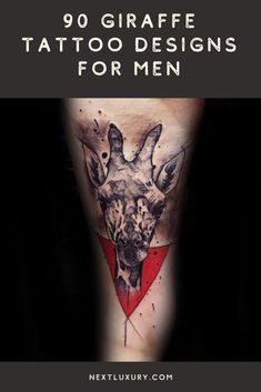 a giraffe tattoo on the leg with a red triangle around it's neck