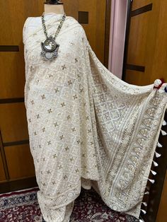 Pure gorgette handwork Gottapatti chikankari Saree Wid blouse piece  Prebooking 15 days approximate Luxury Chikankari Embroidery Saree For Navratri, Traditional Off White Chanderi Pre-draped Saree, Traditional Pre-draped Cream Saree, Bollywood Style Off White Pre-draped Saree With Pallu, Embroidered White Pre-draped Saree For Festivals, Bollywood Style Off White Dupatta For Navratri, Transitional White Georgette Blouse Piece, Semi-stitched Chinon Saree With Motifs, White Georgette Blouse Piece For Navratri