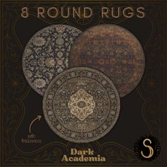 three round rugs with different colors and patterns on them, including one in brown, the