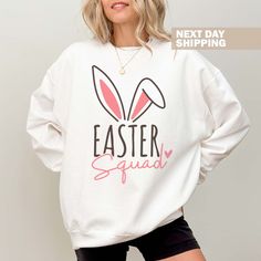 Hi! Welcome to the TeeScape! It's great to see you here! Easter Squad Sweatshirt, Easter Egg Hunt Squad Sweater, Happy Easter Shirt, Easter Bunny Shirt, Easter Family Shirt, Easter Matching Sweater Our shirts are clean, high quality and soft. It is prepared quickly by our store! Enjoy your shopping! It is a pleasure for us to help you with your questions and you can reach us at any time. F I T ∙ S I Z I N G -->Women's sizes are narrower than the waist -->Sleeves are rolled up in some product pictures. They do not come rolled up on delivery. -->Please, don't forget to check our size cards. T I M E ∙ T O ∙ D E L I V E R Y -->Processing and production time is 1-2 business days. -->Delivery time varies depending on your delivery address. --> Orders placed till 12 noon are shipped the next busi White Crew Neck Top For Easter, Casual White Easter Tops, Casual White Tops For Easter, White Letter Print Top For Easter, Easter-themed White Tops With Letter Print, Easter White Letter Print Tops, Easter Sweaters, Easter Bunny Shirts, Matching Sweaters