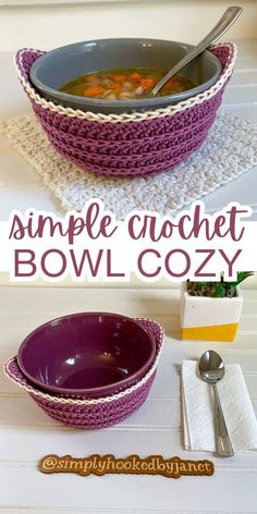 two bowls with crochet on them and the words simple crochet bowl cozy