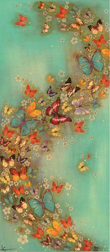 an abstract painting with butterflies and flowers on blue background, in the shape of a letter s