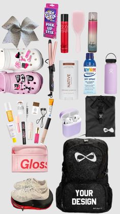 an assortment of personal care items displayed on a white background with the words gloss