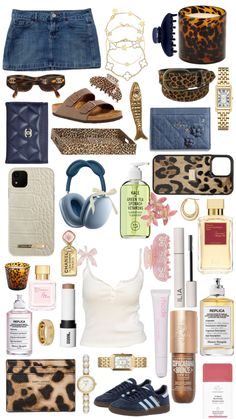 a collage of various items including shoes, purses and cosmetics