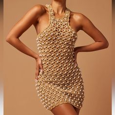 Perfect For A Date Night Or Even A Cover Up! Nwt! Never Worn Luxury Beach Mini Dress For Women, Crochet Diamond, Crochet Long Dresses, Crochet Dress Girl, Acrylic Decoration, Taupe Fashion, Diamond Dress, Pearl Details