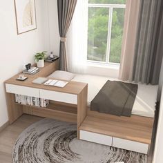 a bed room with a neatly made bed next to a window and a rug on the floor