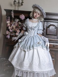 White and Blue Floral Bowknot Design One Piece Retro Lace Dress, Vestidos Retro, Fairies Dancing, Op Dress, Lolita Outfits, Classic Lolita, Fairytale Dress, Dress Measurements, Fashion Design Clothes