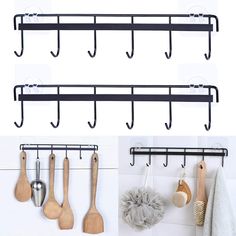 kitchen utensils hanging on the wall with hooks