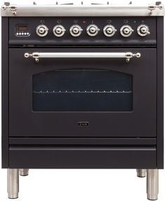 a black stove with four burners and two oven doors on each side, in front of a white background