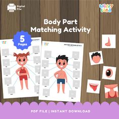 body part matching activity for kids with pictures and text on the front, including five pages