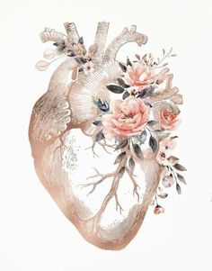 a drawing of a human heart with flowers on it