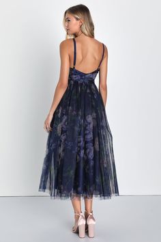 Navy Blue Floral Dress - Floral Tulle Dress - Pleated Tulle Dress - Lulus Pleated Floral Dress, Floral Wedding Guest Dress Spring Summer, Elegant Midi Dress Wedding, Midi Dress Tulle, Pleated Tulle Dress, Fit And Flare Midi Dress, Floral Tulle Dress, Navy Blue Floral Dress, Spring Wedding Guest Dress