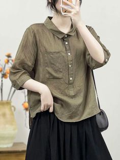 Details: Fabric: 100%Linen Size: One Size Size: Length: 60.00 cm/ 23.62 " Bust: 114.00 cm/ 44.88 " Shoulder: 41.00 cm/ 16.14 " Casual Collar Khaki Summer Tops, Khaki Tops With Relaxed Fit And Casual Collar, Relaxed Fit Collared Khaki Blouse, Casual Blouse With Pockets And Casual Collar, Casual Half Sleeve Blouse For Fall, Relaxed Fit Blouse With Casual Collar For Work, Casual Half Sleeve Tops With Buttons, Casual Half Sleeve Button Tops, Summer Tops With Pockets And 3/4 Sleeves