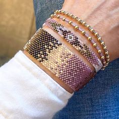 Bands: Flat woven beaded bracelet band; 1/4"w; glass seed beads; 14K yellow gold-filled clasp & 1" extender chain. Great solo or stacked. Bracelet Size Guide Arrow Pattern, Ombre Fashion, Mauve Purple, Seed Bead Bracelet, Pink Mauve, Matte Metallic, Miyuki Beads, Mauve Pink, Pink Bracelet