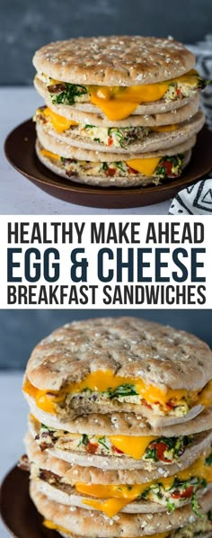 an egg and cheese breakfast sandwich on a plate with the words healthy make ahead eggs and cheese breakfast sandwiches