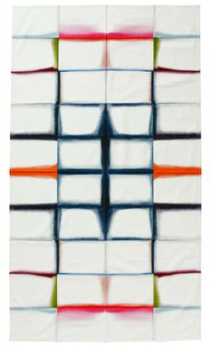 an abstract painting with squares and lines in white, red, blue, green and orange