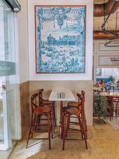 two wooden chairs sitting at a table in front of a blue and white painting on the wall