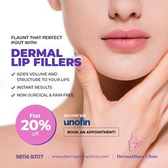 Get Perfect Lips that everyone desires for through our Dermal Filler Treatment at DermaAllura Clinic. Dermal fillers are a highly effective way to add volume, structure, balance and shape to thin lips. Here are 5 benefits of using Dermal fillers to get fuller, perky lips; • Enhanced Appearance • Natural Fullness • Gradual Progression • Little to No Side-Effects • Fast recovery Call Now at 9811683117 to Book an appointment... #DermaAlluraClinic #lipfillers #dermalfillers Filler Ads Design, Chin Filler, Cheek Fillers, Social Media Branding Design, Cosmetic Dermatology