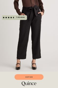 Update your wardrobe with an always-chic paperbag pant. With a little stretch, plenty of pockets, and a removable belt, this will become your go-to pant. Easily dress up or down!  | Quince | Women's Stretch Crepe Paperbag Pants in Black, Size 12, Polyester Style Pant, Paperbag Pants, Update Your Wardrobe, Sell Gold, Stretch Crepe, Black Sand, Mulberry Silk, Quince, Blue Stripes