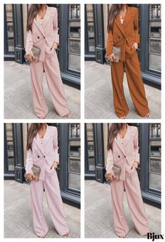 Bjux - Long Sleeve Blazer and Wide Leg Pants Ensemble Fall Trousers Sets With Pockets, Workwear Sets With Pockets, Solid Color Trousers Pantsuit For Fall, Winter Office Pants With Pockets, Fall Workwear Sets With Long Pants, High Waist Workwear Sets With Pockets, High Waist Sets With Pockets For Work, Pink Fall Workwear Pants, High-waisted Pantsuit With Pockets For Fall