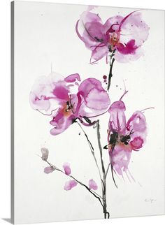 three pink flowers on a white background with watercolors in the foreground and bottom right corner