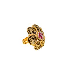 Adorn your hand with the timeless elegance of this 22k antique gold cocktail ring by Virani Jewelers. Featuring traditional details and colorful rubies, this gold ring exudes sophistication and charm. Elevate your ensemble with the allure of fine gold jewelry and make a statement of refined taste with this exquisite antique gold ring.Features• 22k yellow gold• Cubic zirconia • Ruby • Antique finishSpecifications:• Minimum Width - 1.85 millimeters• Maximum Width - 28 millimeters• Length - 1 inch• Traditional Ruby Ring In Yellow Gold, Gold Ruby Rings With Intricate Design, Yellow Gold Temple Jewelry Rings For Formal Events, Heirloom Gold Ruby Ring For Ceremonial Occasions, Formal Yellow Gold Temple Jewelry Rings, Gold Ruby Ring With Intricate Design For Ceremonial Occasions, 22k Gold Ring Jewelry For Festive Occasions, Ceremonial Yellow Gold Ruby Ring With Intricate Design, 22k Gold Ring For Festive Occasion