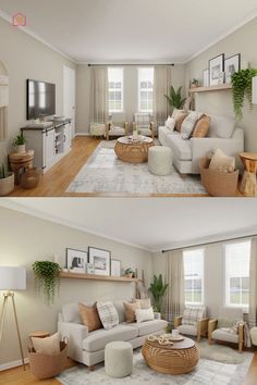 two pictures of the same living room in different stages of being decorated with furniture and decor