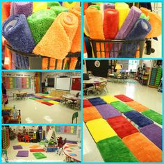 several pictures of colorful rugs in a classroom