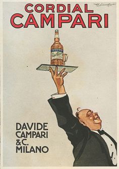 an advertisement for cordial campari with a man holding a bottle on a tray