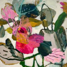 an abstract painting with pink flowers and green leaves