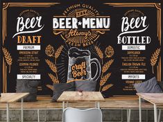 a restaurant wall mural with beer menus on it