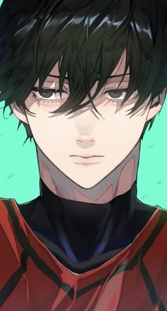 an anime character with black hair wearing a red shirt and blue collared t - shirt