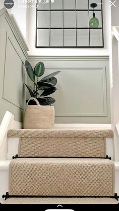 a plant sitting on top of a set of stairs next to a wall mounted calendar