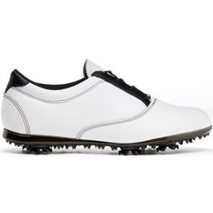 a white golf shoe with black trim and spikes on the side, in front of a white background