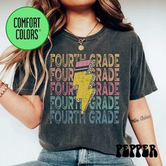 Discover the perfect Fourth Grade Teacher Shirt collection! Show off your pride as a 4th Grade Teacher with our trendy and stylish tees. These shirts make excellent Fourth Grade Teacher Gifts, designed to celebrate your dedication to education. From clever designs to comfortable fits, our 4th Grade Tees are a must-have for educators like you. Shop now and elevate your classroom style!  Save by bundling! We offer these great discounts on bulk orders: - 25% on 5+ items (use code BUNDLE5) - 30% on 5th Grade Teacher Shirts, Class Shirts, Classroom Style, Class Shirt, Eighth Grade, Fifth Grade, Teacher Stuff, School Shirts, 5th Grade