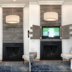 two pictures of a living room with fireplaces and tv on the wall in front of them