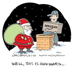 a cartoon santa claus is delivering an amazon box